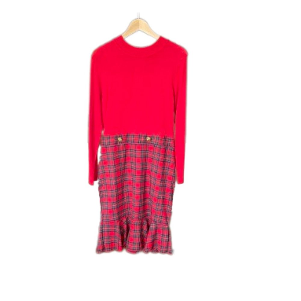 VENUS Bright Red Long-Sleeve Top with Red Plaid Ruffle Midi Skirt